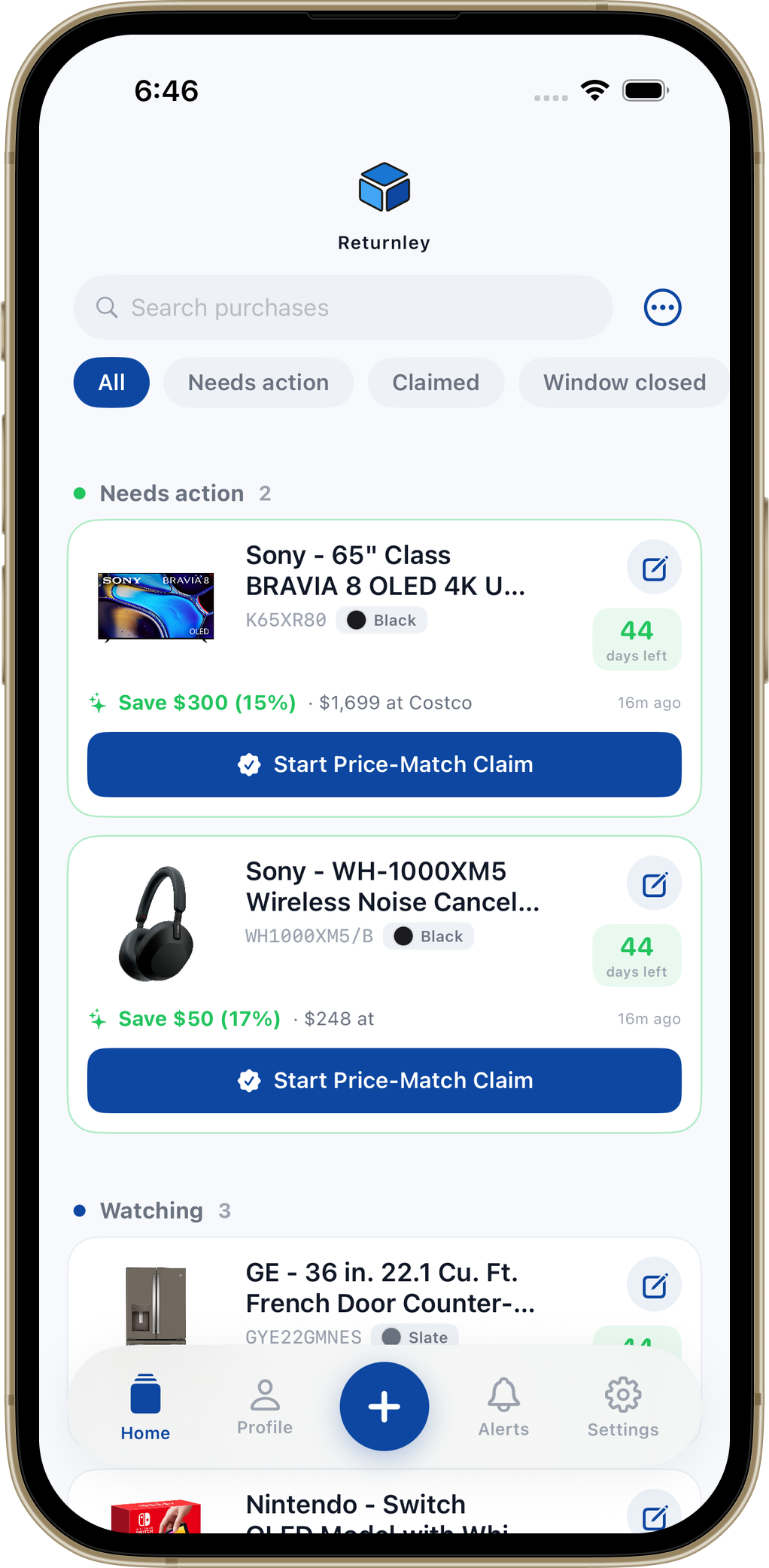 Returnley home screen grouping tracked Best Buy purchases into Needs action and Watching, with a Sony BRAVIA TV and Sony headphones showing price drops worth 300 and 50 dollars