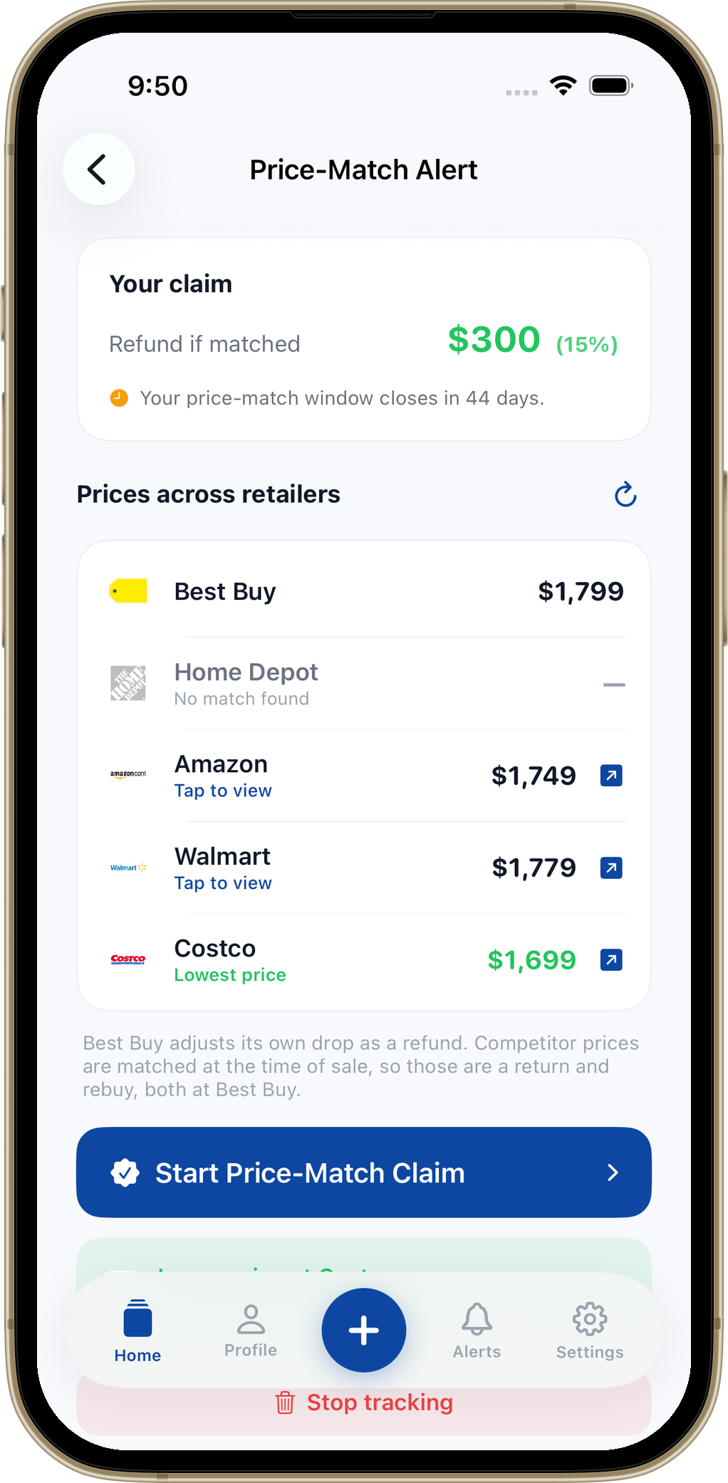 Returnley price-match alert for a Sony BRAVIA TV showing a 300 dollar refund if matched and prices across retailers with Best Buy at 1,799, Amazon at 1,749, Walmart at 1,779, and Costco the lowest at 1,699 dollars