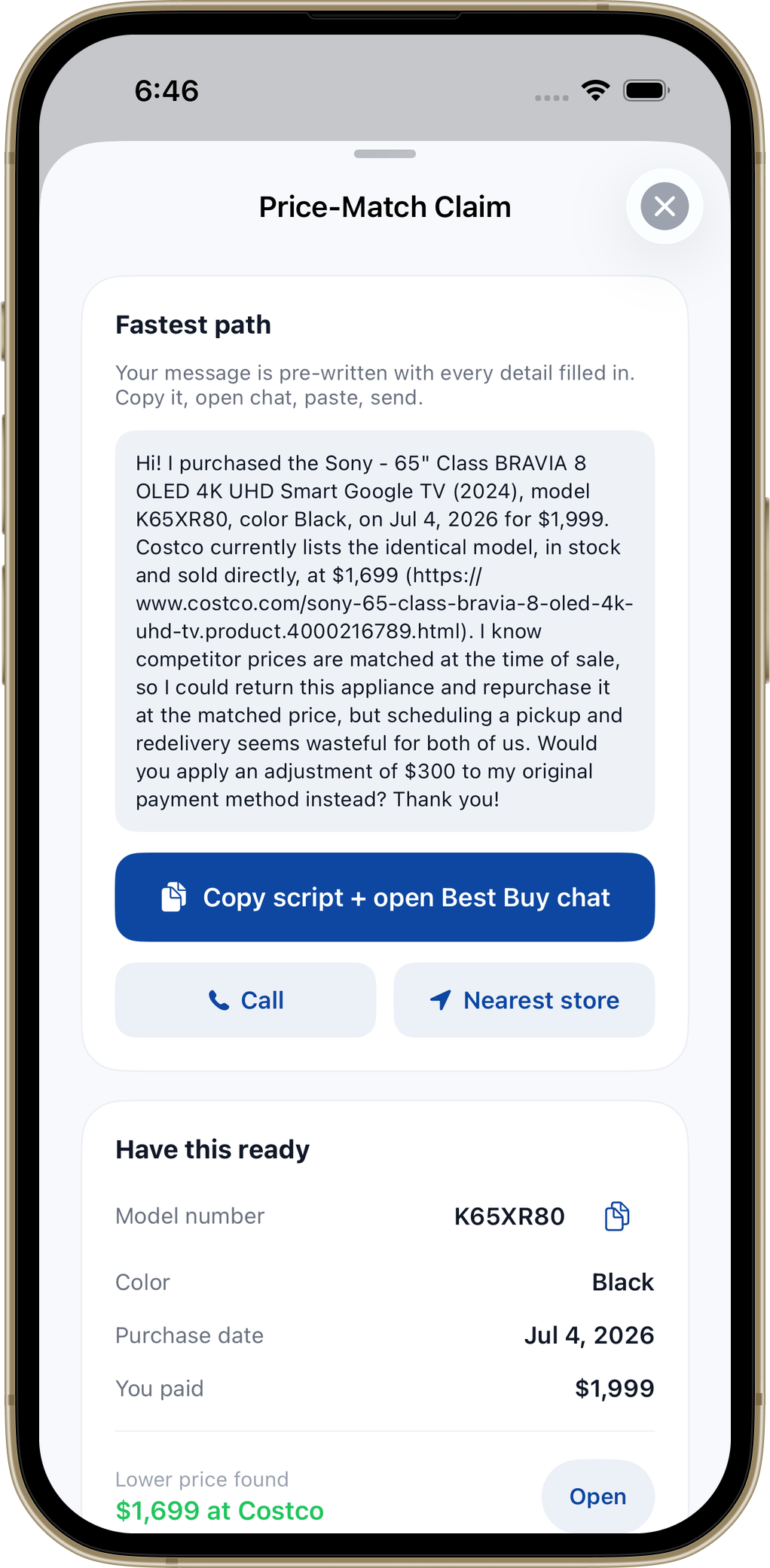 Returnley guided claim screen with a pre-written price-match message and every detail ready to copy, plus call and nearest store options